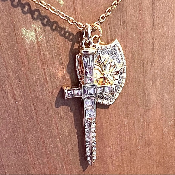 Sparkling Gold Toned Cross Sword Necklace with Shield DND Paladin - Picture 3 of 17